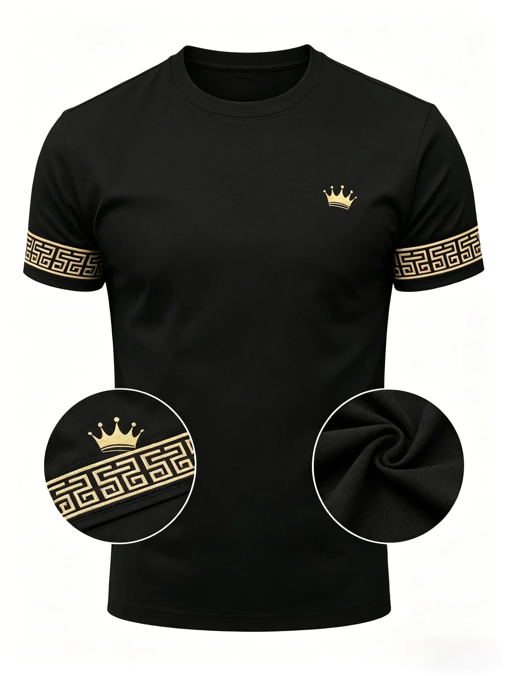 T Shirt for Man Men's Black and Golden Casual T-shirt Printed with "King" Crown + Arm Pattern Clothing Light Luxury Personality