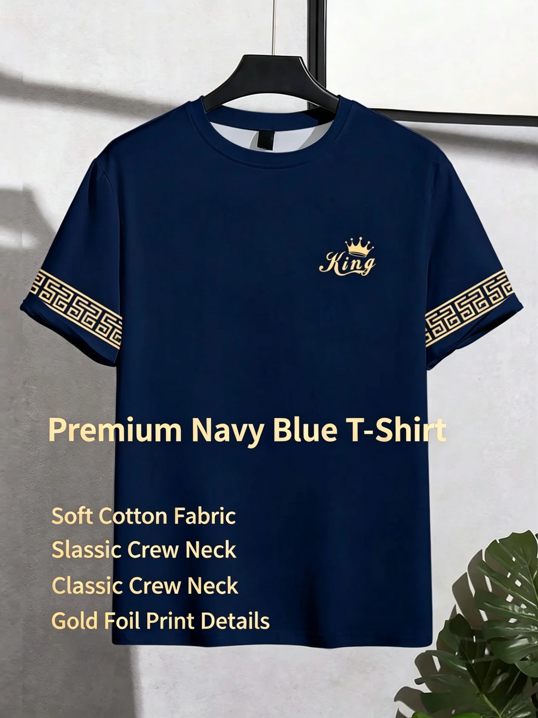 T Shirt for Man Men's Black and Golden Casual T-shirt Printed with "King" Crown + Arm Pattern Clothing Light Luxury Personality