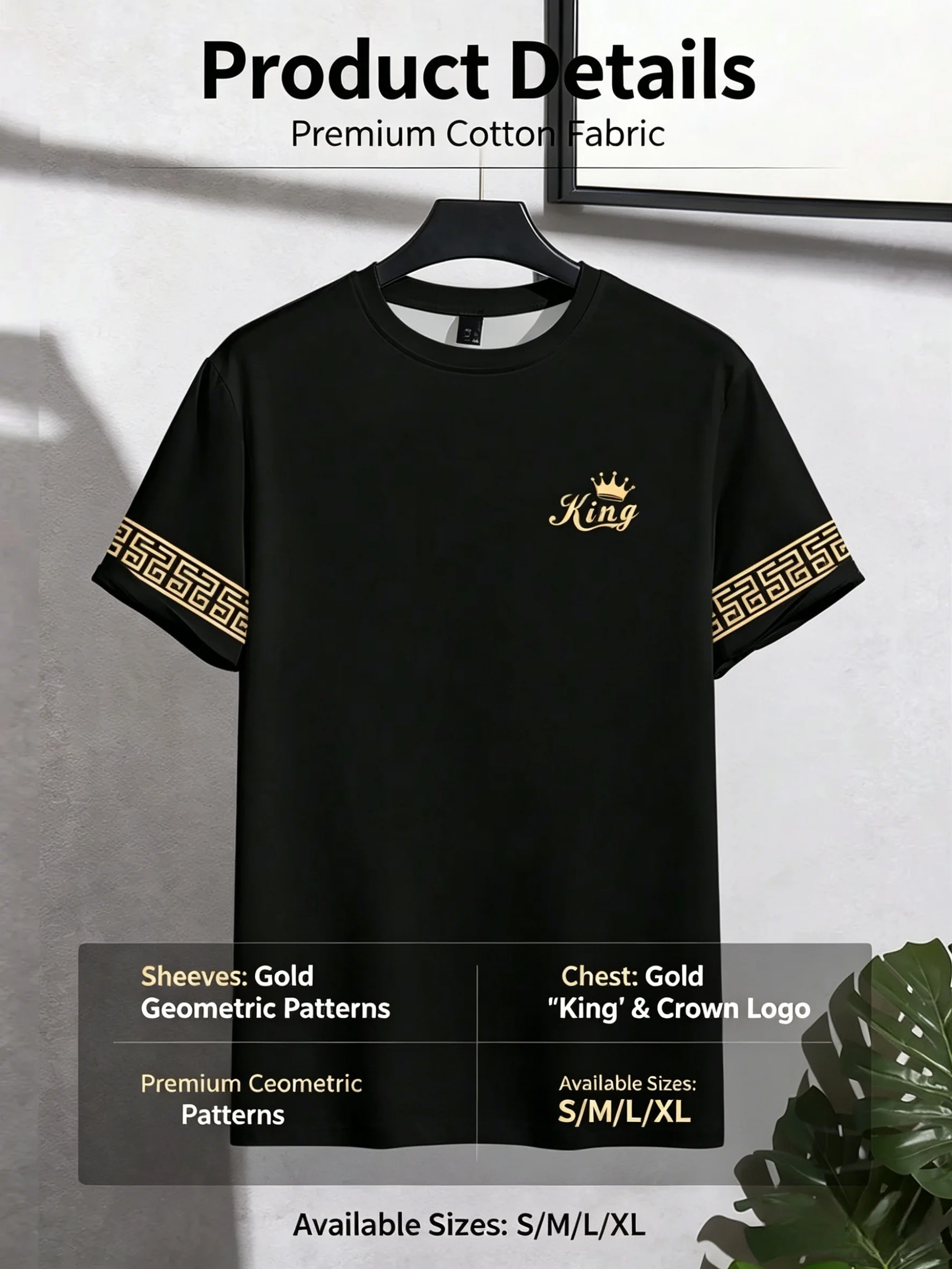 T Shirt for Man Men's Black and Golden Casual T-shirt Printed with "King" Crown + Arm Pattern Clothing Light Luxury Personality