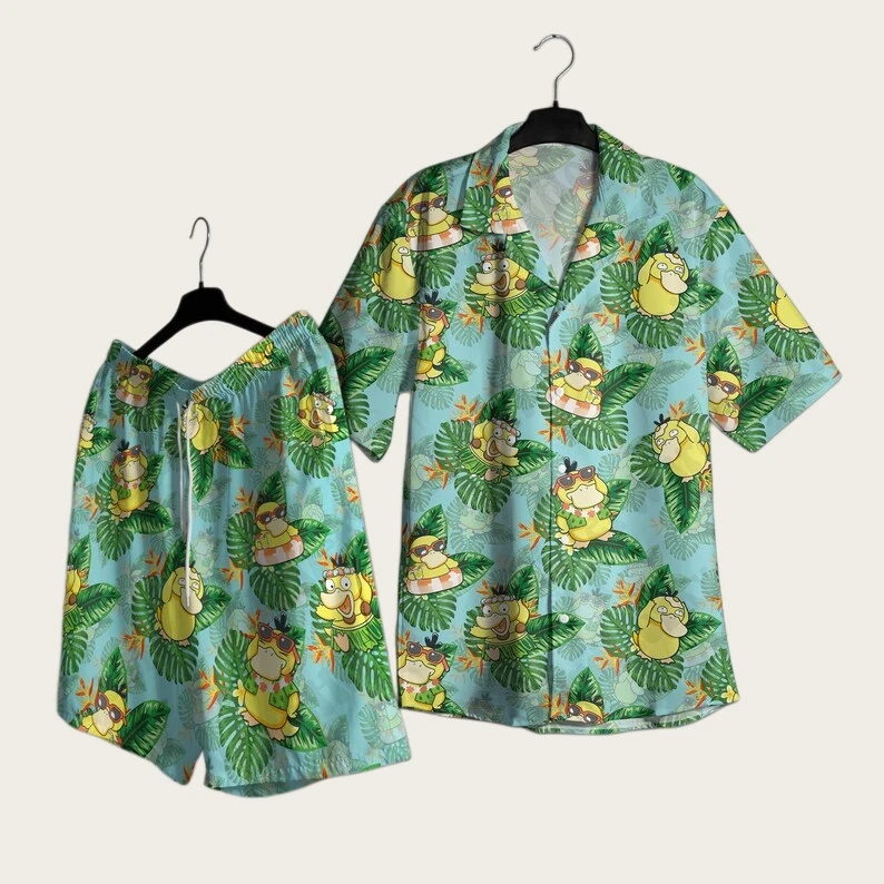 2026 Fashion New Pok É Mon Psyduck Hawaiian Style Shirt and Shorts Set Men/Women Home Casual Pajama Set Beach Party Clothing