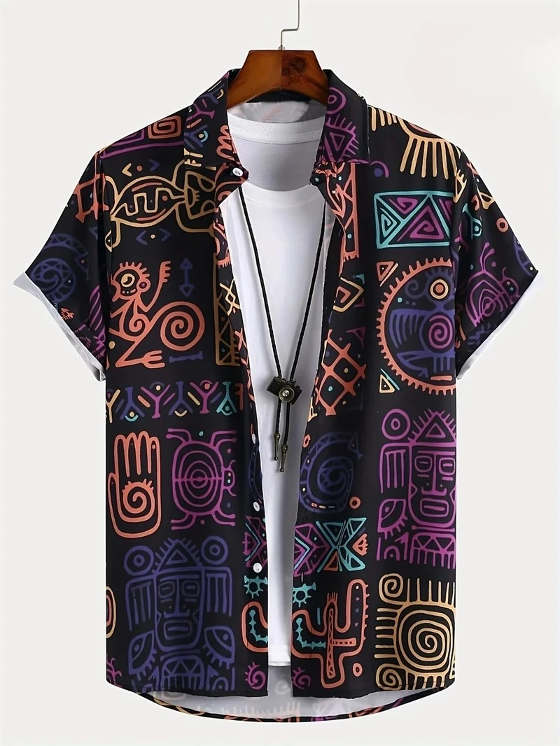 Hawaii Shirts for Men 3D Paisley Graphic Short-sleeved T-shirt Casual Lapel Buttons Male Tops Summer Oversized Bohemian Man Tees