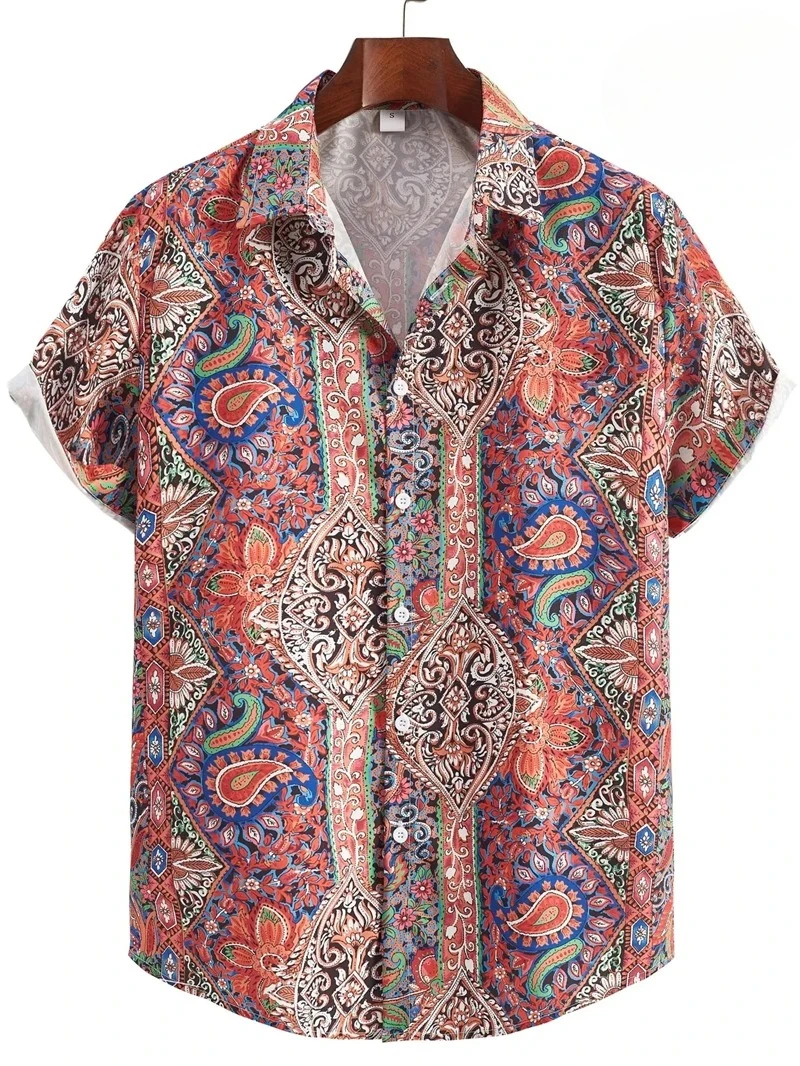 Hawaii Shirts for Men 3D Paisley Graphic Short-sleeved T-shirt Casual Lapel Buttons Male Tops Summer Oversized Bohemian Man Tees