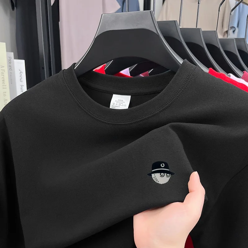 Cotton100 High End Design Brand Men's Summer Short Sleeve Round-Neck Versatile T-Shirt Fashion Sport Casual Men's embroidery