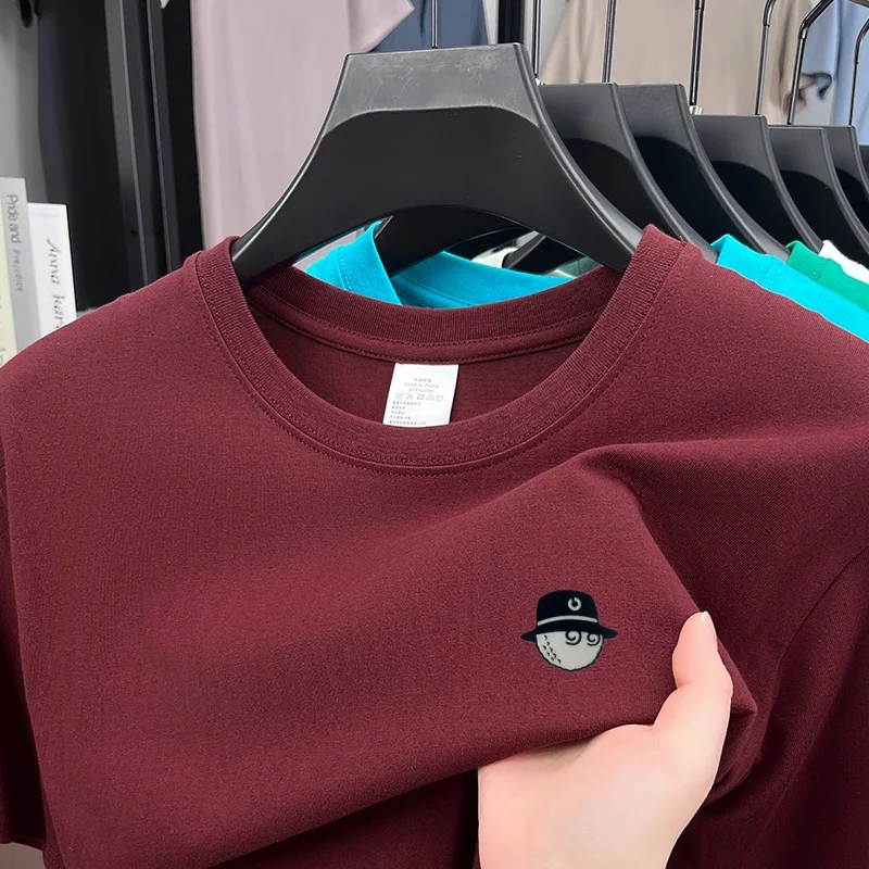 Cotton100 High End Design Brand Men's Summer Short Sleeve Round-Neck Versatile T-Shirt Fashion Sport Casual Men's embroidery