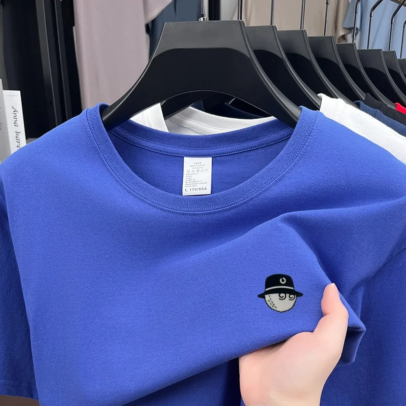 Cotton100 High End Design Brand Men's Summer Short Sleeve Round-Neck Versatile T-Shirt Fashion Sport Casual Men's embroidery