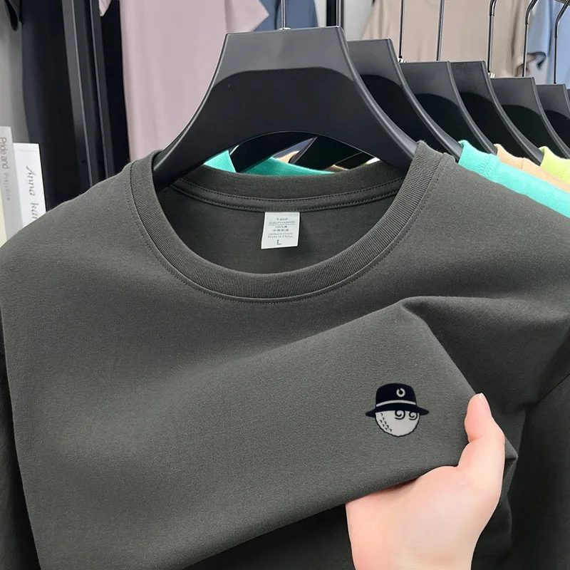 Cotton100 High End Design Brand Men's Summer Short Sleeve Round-Neck Versatile T-Shirt Fashion Sport Casual Men's embroidery