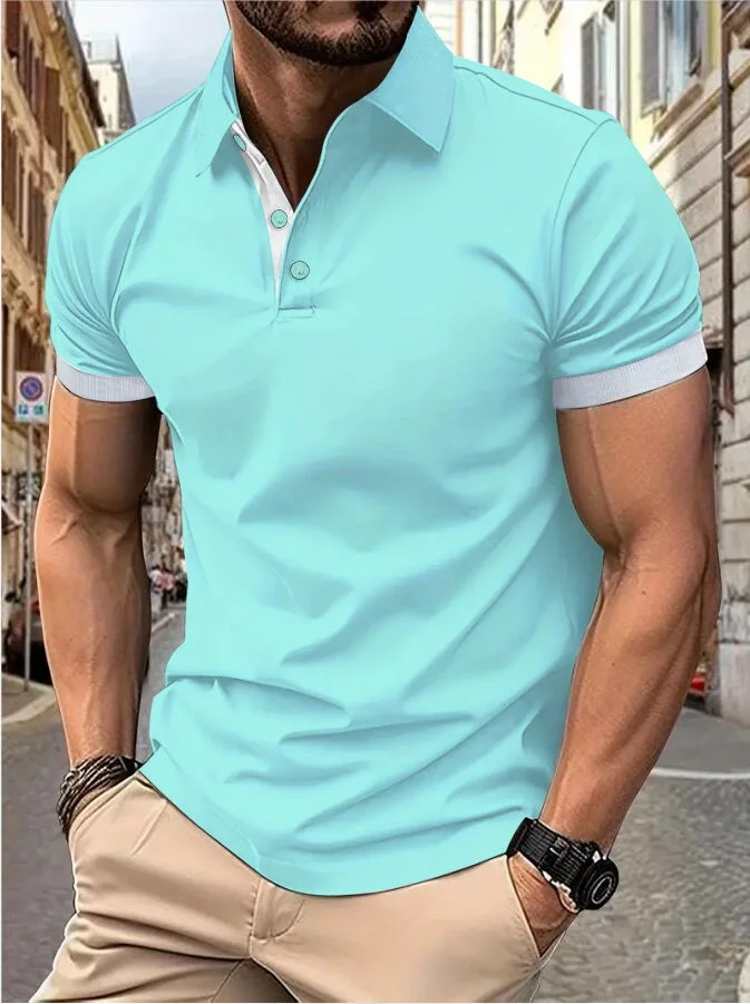 Men's short sleeve color matching fashion with men's lapel short sleeve