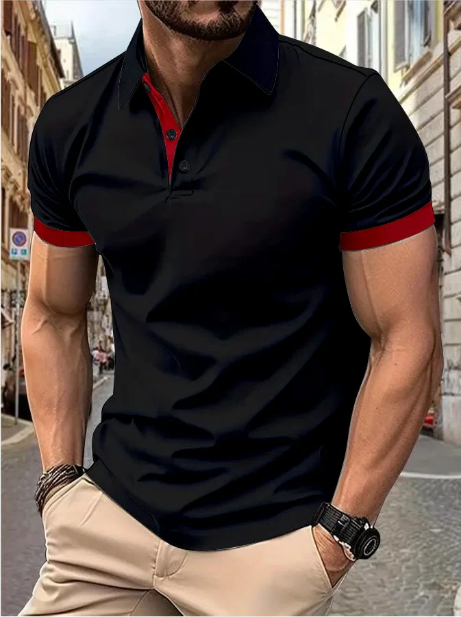 Men's short sleeve color matching fashion with men's lapel short sleeve