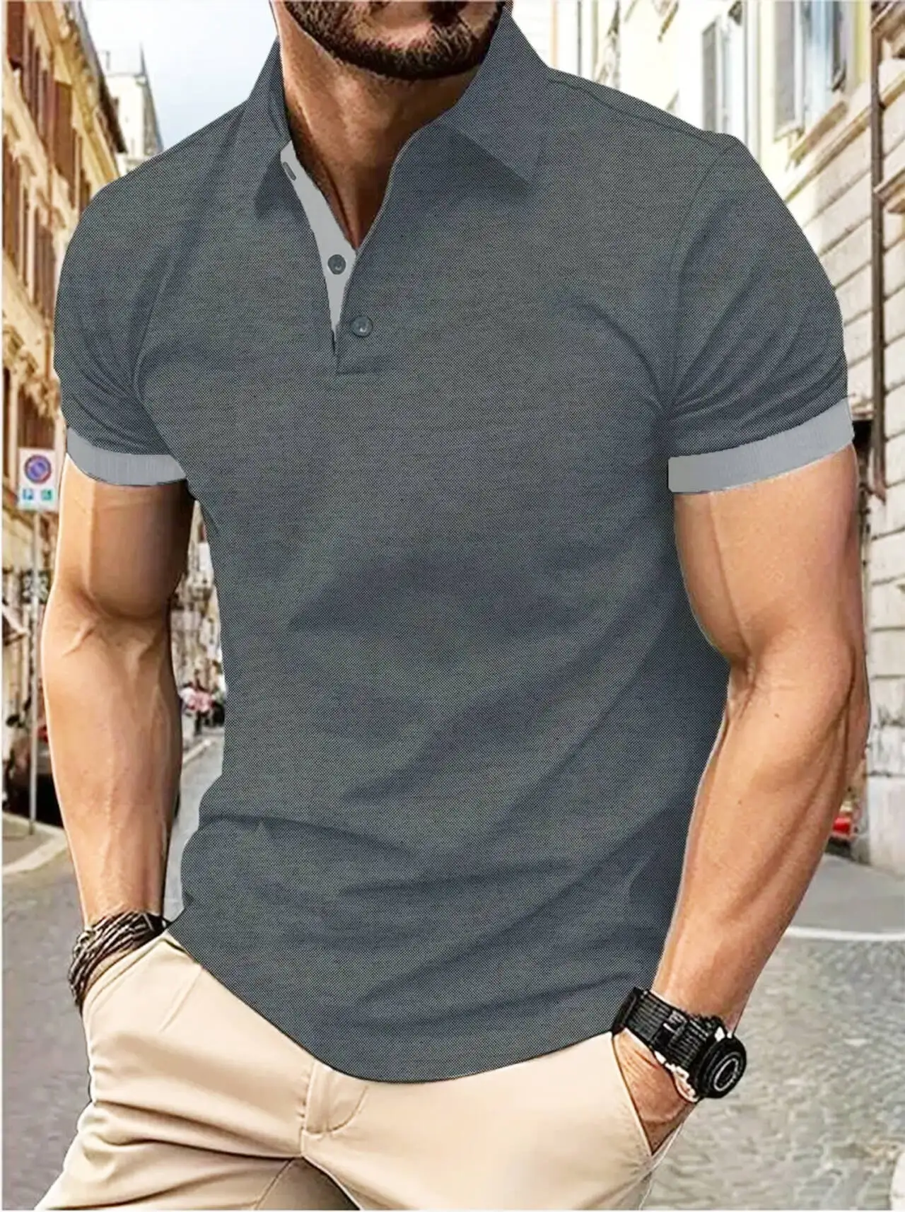 Men's short sleeve color matching fashion with men's lapel short sleeve
