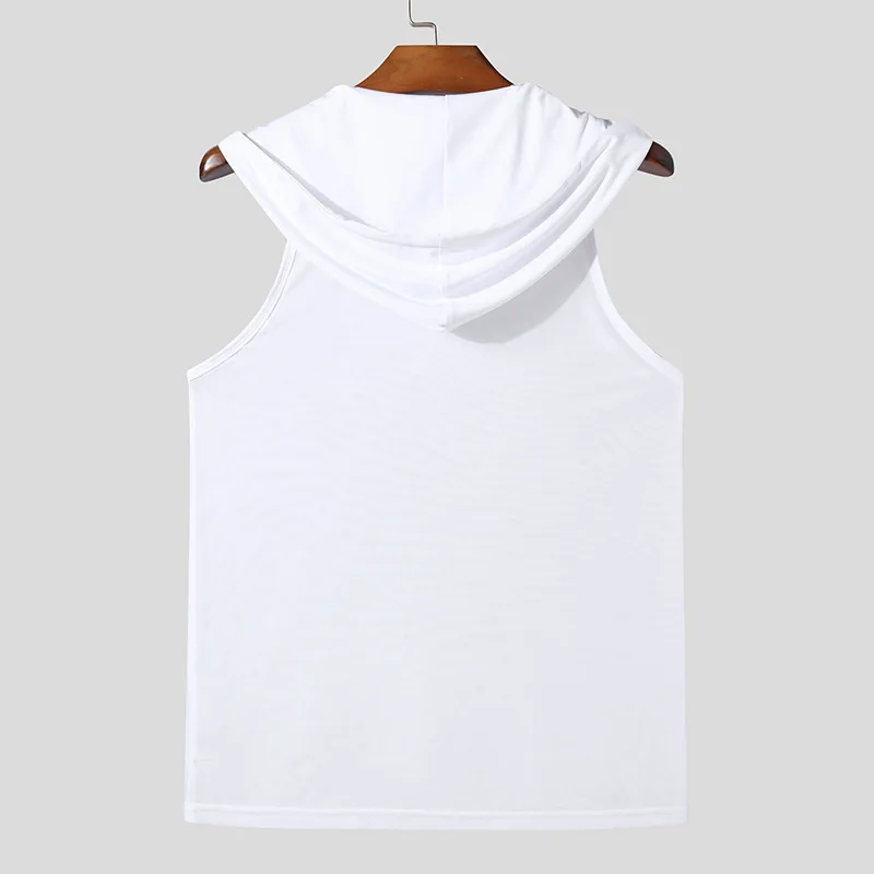 New Chic Men Hooded Sports Tank Tops Sexy Solid Color Transparent Sleeveless T-shirt Summer Casual Drawstring Fitness Vest S-2XL