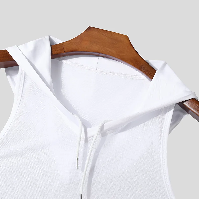 New Chic Men Hooded Sports Tank Tops Sexy Solid Color Transparent Sleeveless T-shirt Summer Casual Drawstring Fitness Vest S-2XL