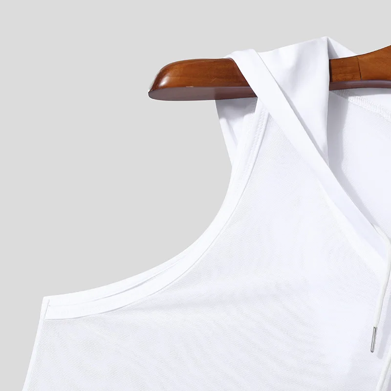 New Chic Men Hooded Sports Tank Tops Sexy Solid Color Transparent Sleeveless T-shirt Summer Casual Drawstring Fitness Vest S-2XL