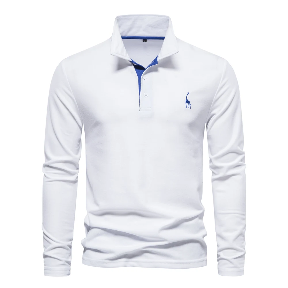 AIOPESON Deer Embroidery Men's Polo Shirts Solid Color Long Sleeve Polo Shirts for Men New Spring Social Business Polos Male