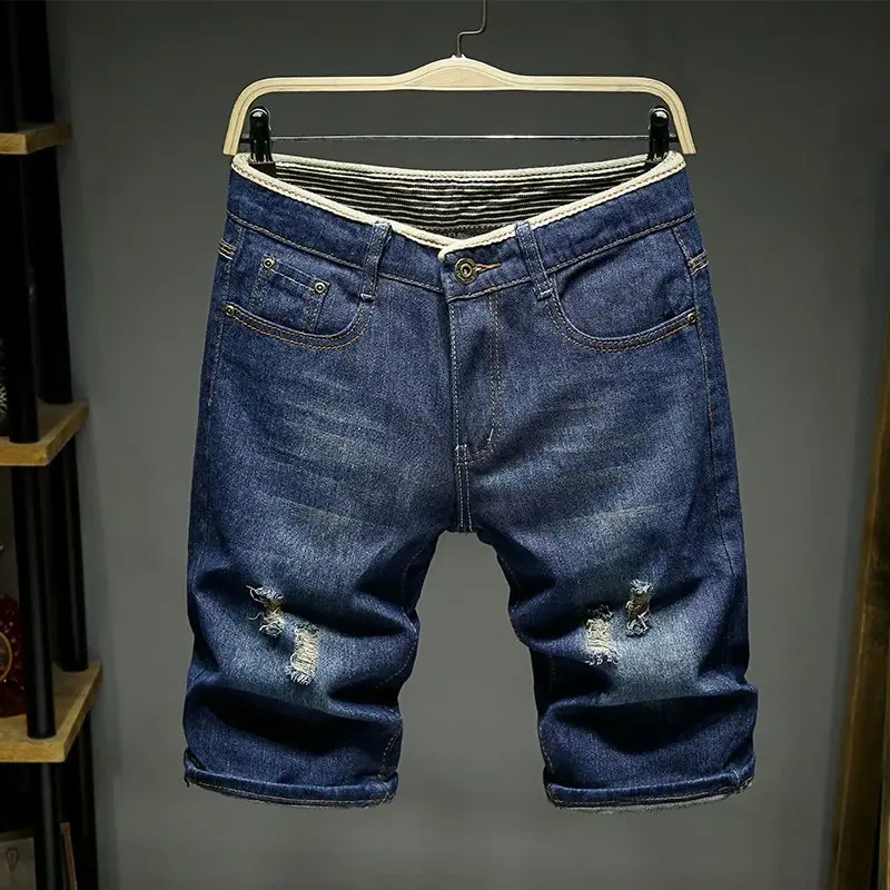 Men Denim Shorts Summer New Style Thin Section Elastic Force Slim Fit Short Jeans Male Brand Clothing Light Blue Retro Blue
