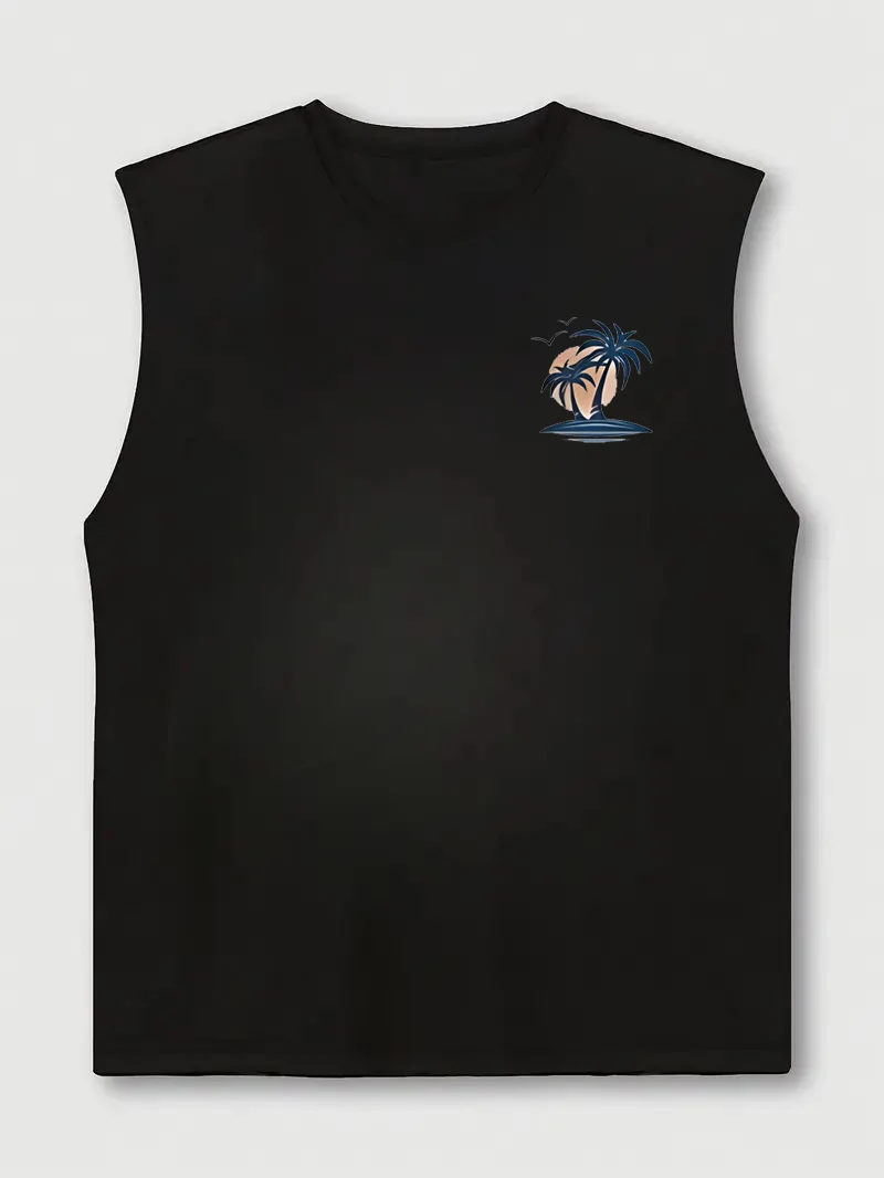 Men's Summer Leisure Sports Fitness Loose Coconut Tree and Surfboard Printed Comfortable Breathable Round Neck Sleeveless Tank