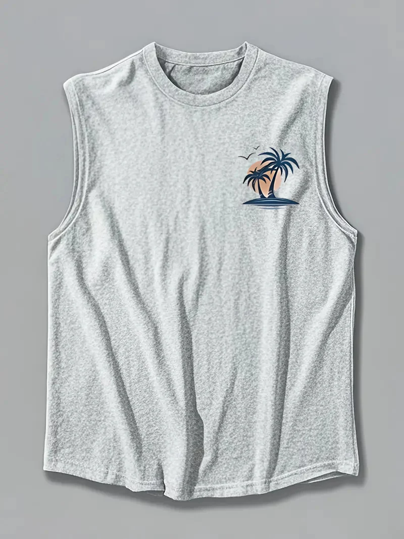 Men's Summer Leisure Sports Fitness Loose Coconut Tree and Surfboard Printed Comfortable Breathable Round Neck Sleeveless Tank