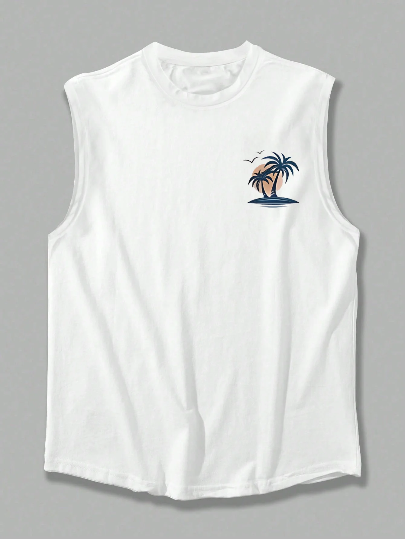 Men's Summer Leisure Sports Fitness Loose Coconut Tree and Surfboard Printed Comfortable Breathable Round Neck Sleeveless Tank