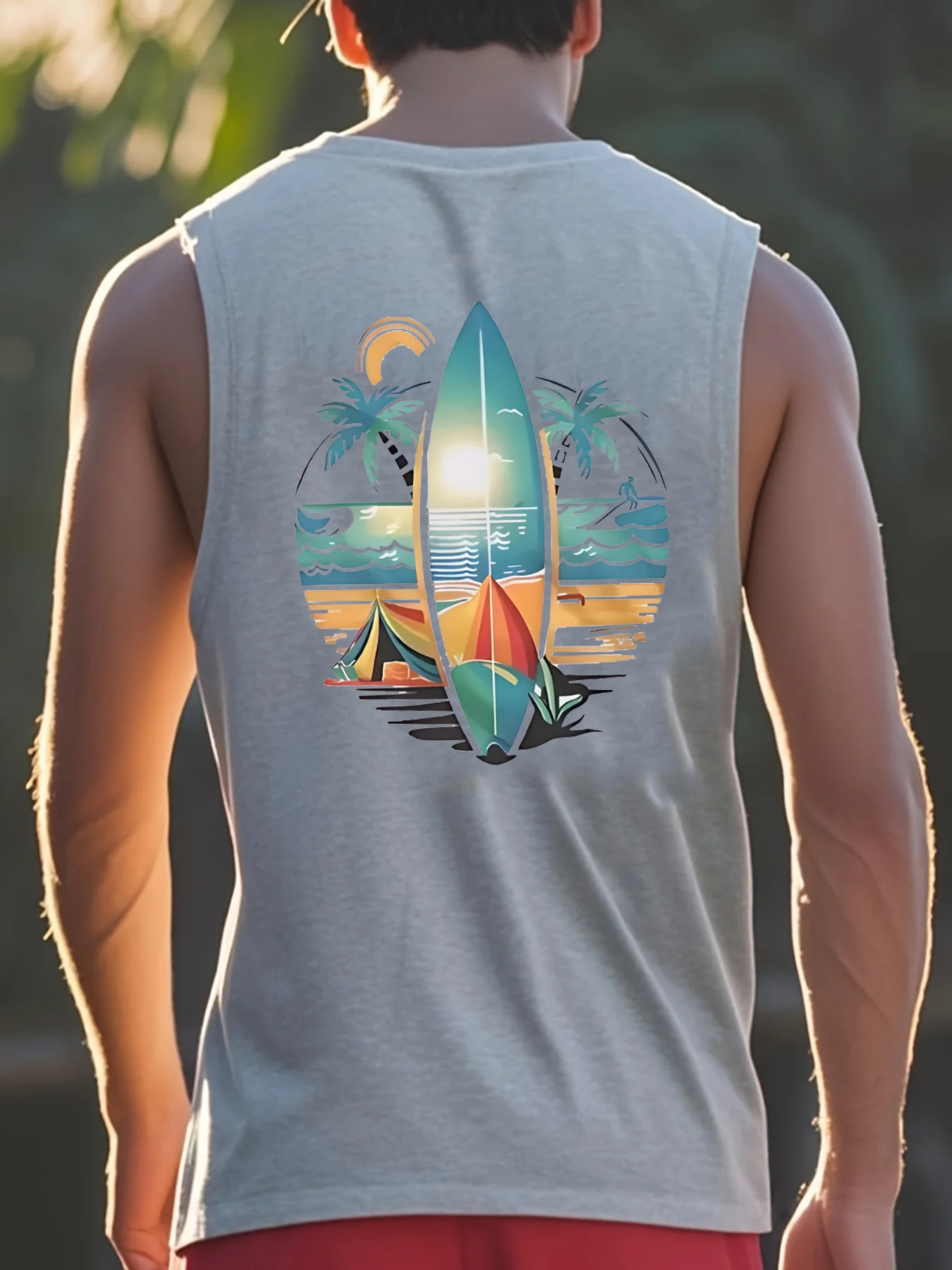 Men's Summer Leisure Sports Fitness Loose Coconut Tree and Surfboard Printed Comfortable Breathable Round Neck Sleeveless Tank