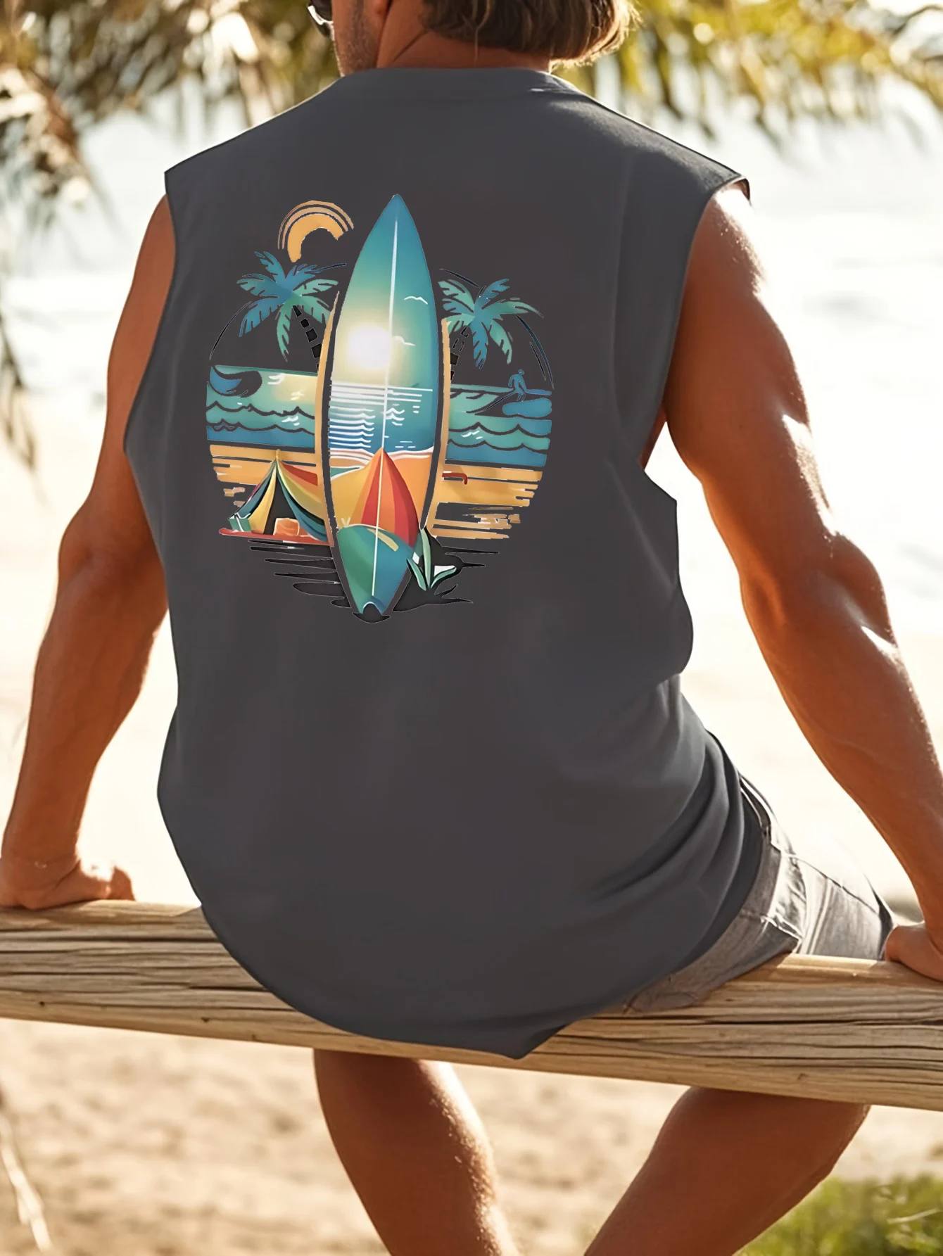 Men's Summer Leisure Sports Fitness Loose Coconut Tree and Surfboard Printed Comfortable Breathable Round Neck Sleeveless Tank