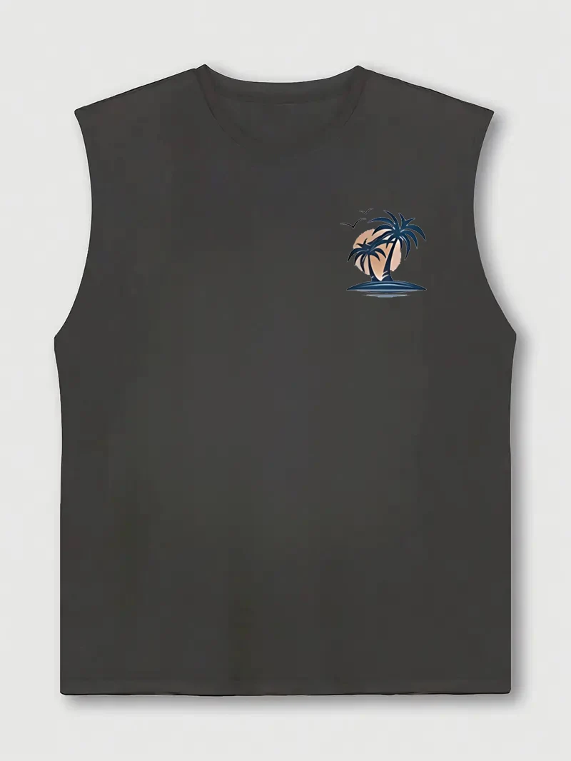 Men's Summer Leisure Sports Fitness Loose Coconut Tree and Surfboard Printed Comfortable Breathable Round Neck Sleeveless Tank