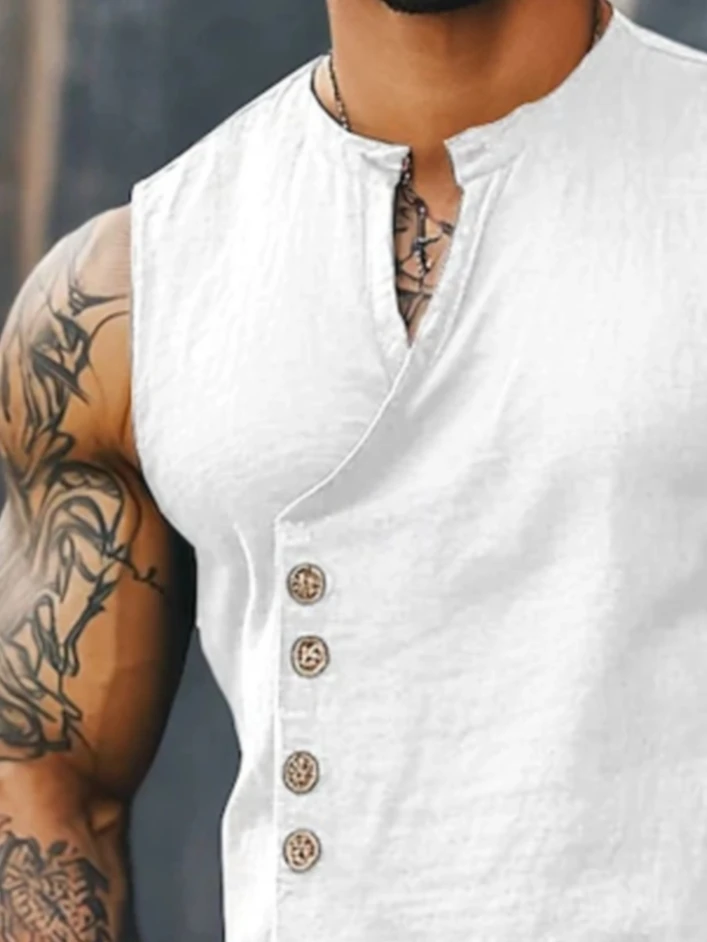 Men's Sleeveless Diagonal-Front Linen Vest Loose Retro Buttoned Waistcoat Muscle Fitness Sleeveless Jacket