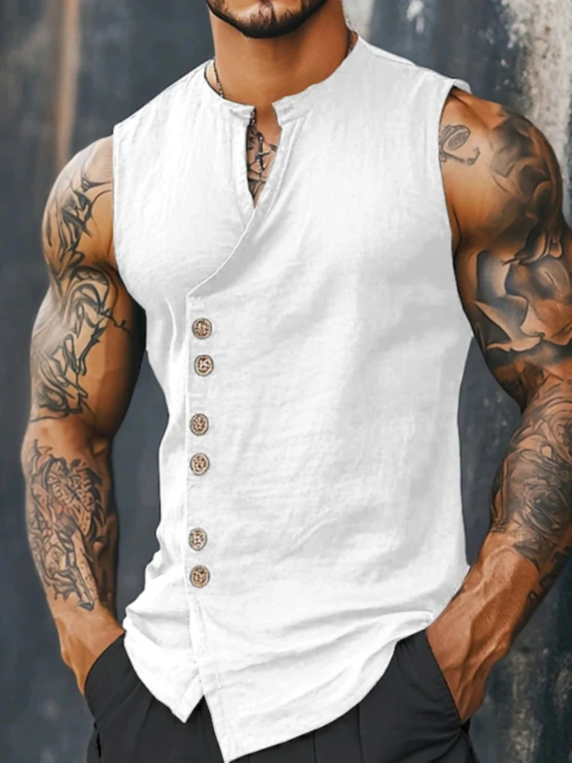 Men's Sleeveless Diagonal-Front Linen Vest Loose Retro Buttoned Waistcoat Muscle Fitness Sleeveless Jacket