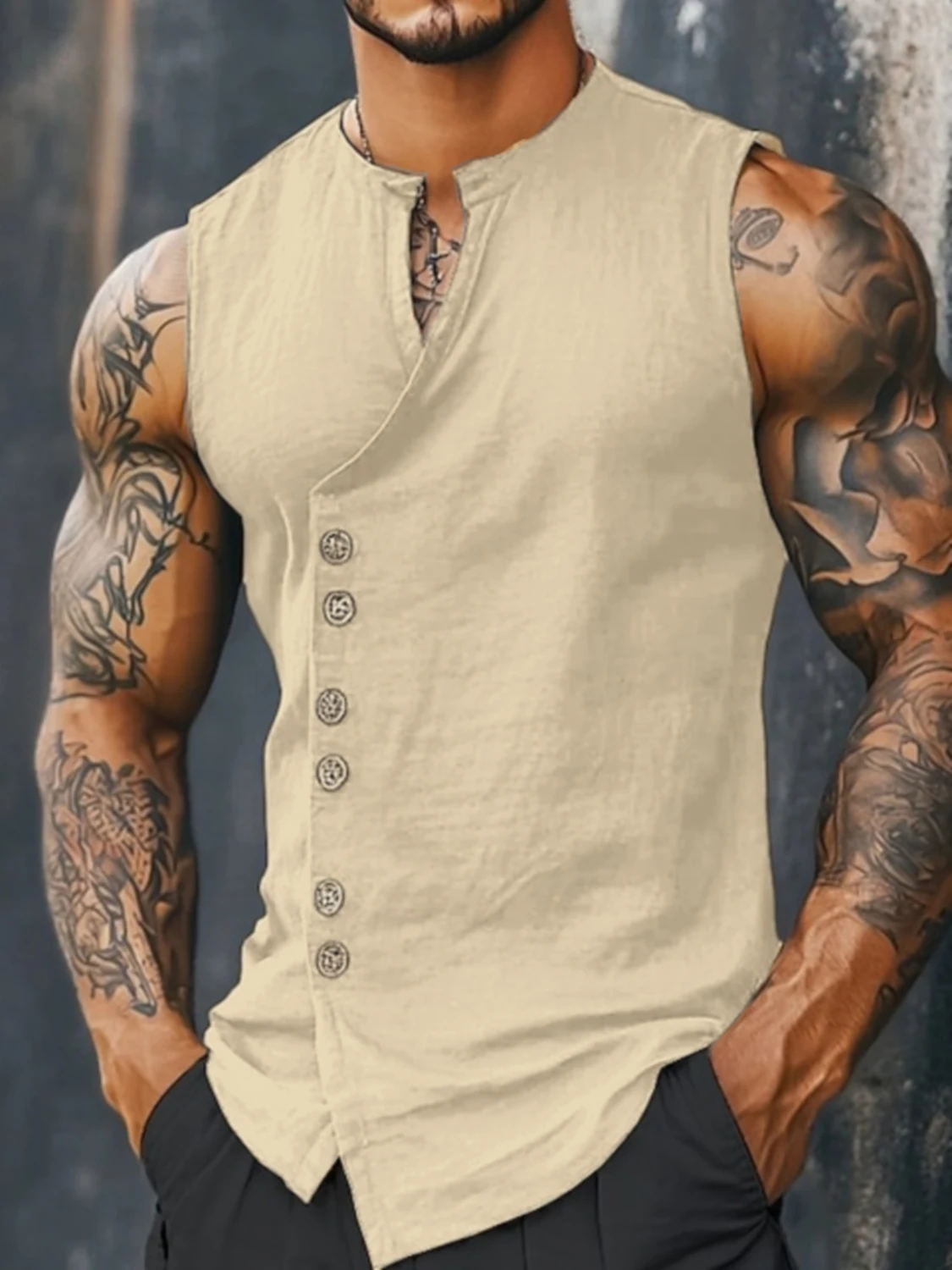 Men's Sleeveless Diagonal-Front Linen Vest Loose Retro Buttoned Waistcoat Muscle Fitness Sleeveless Jacket