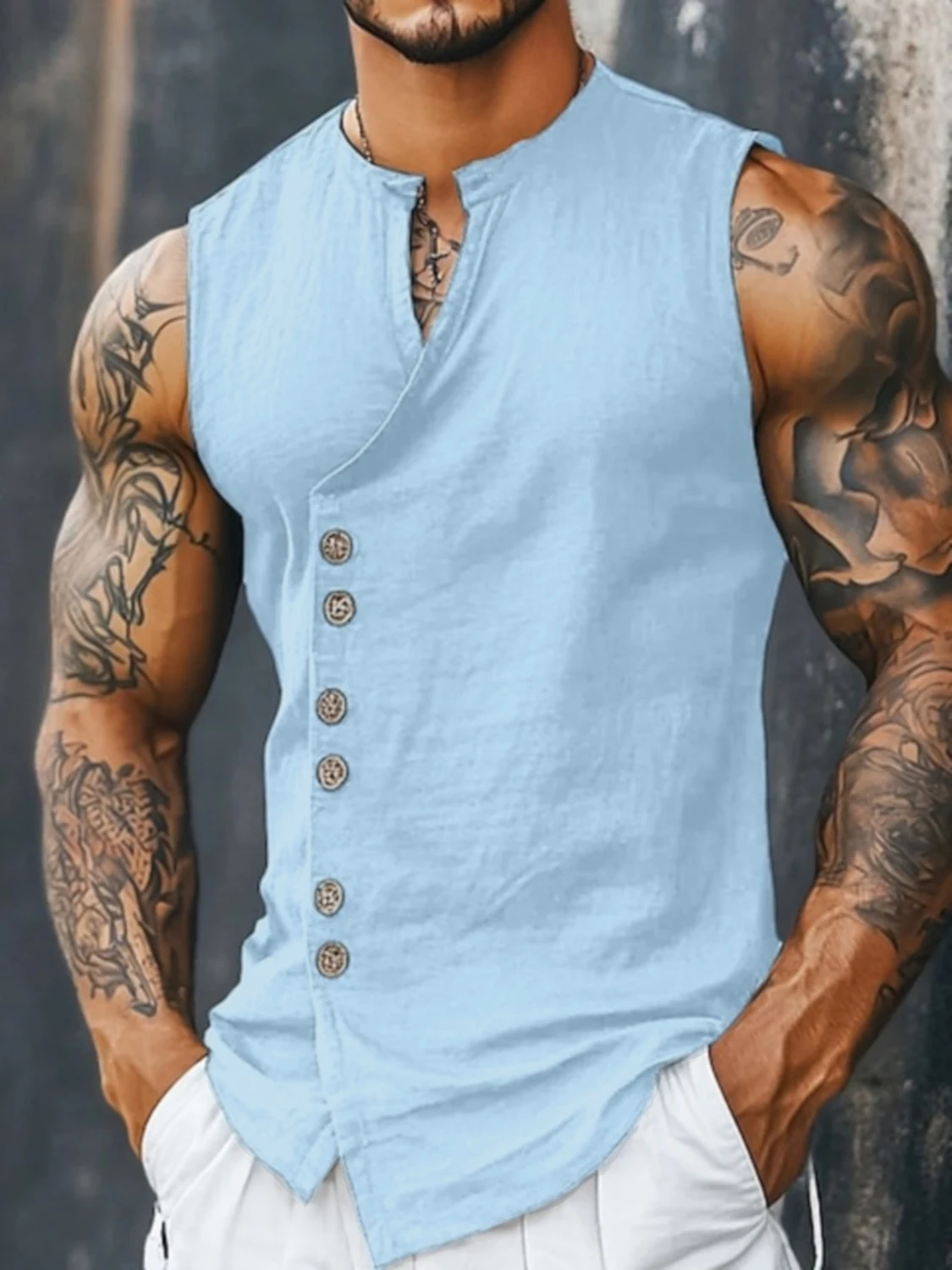 Men's Sleeveless Diagonal-Front Linen Vest Loose Retro Buttoned Waistcoat Muscle Fitness Sleeveless Jacket