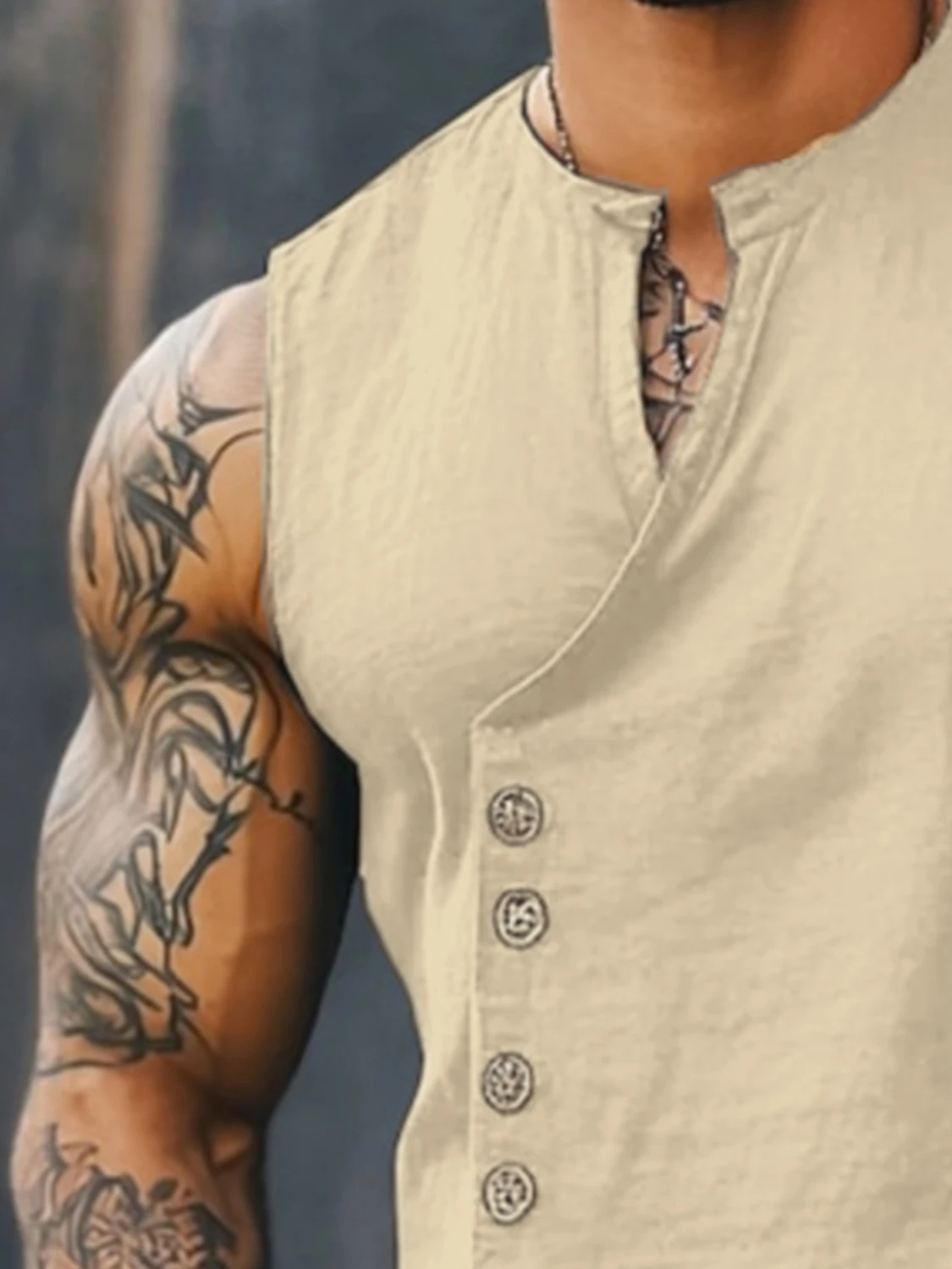 Men's Sleeveless Diagonal-Front Linen Vest Loose Retro Buttoned Waistcoat Muscle Fitness Sleeveless Jacket