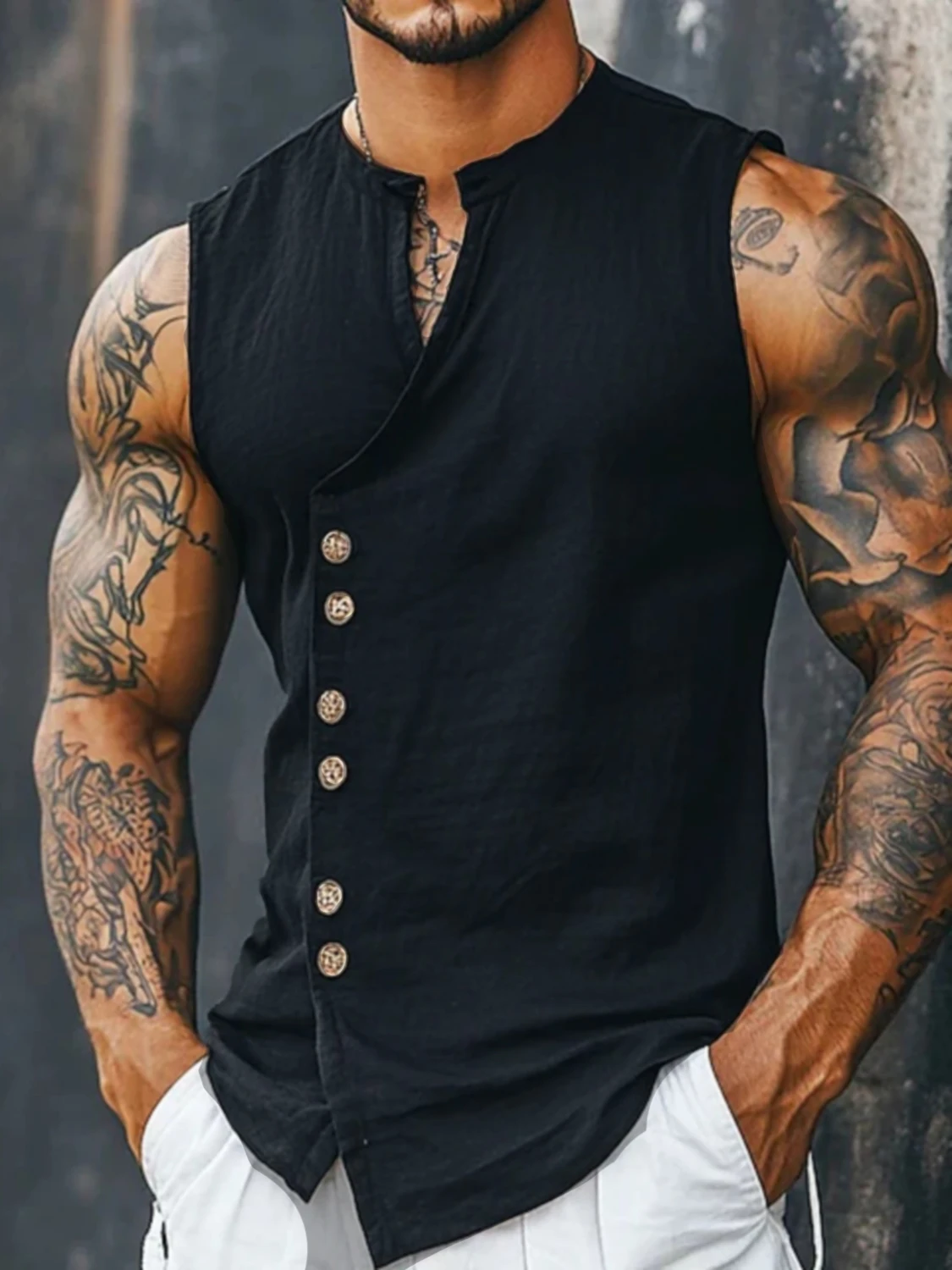 Men's Sleeveless Diagonal-Front Linen Vest Loose Retro Buttoned Waistcoat Muscle Fitness Sleeveless Jacket