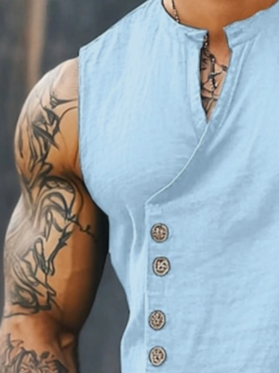 Men's Sleeveless Diagonal-Front Linen Vest Loose Retro Buttoned Waistcoat Muscle Fitness Sleeveless Jacket
