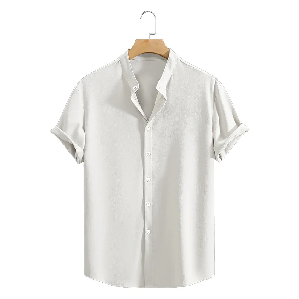 Youth Casual Beach Short Sleeve Shirts Solid Color Loose Casual Breathable Shirt Lightweight Streetwear Male Button Tops