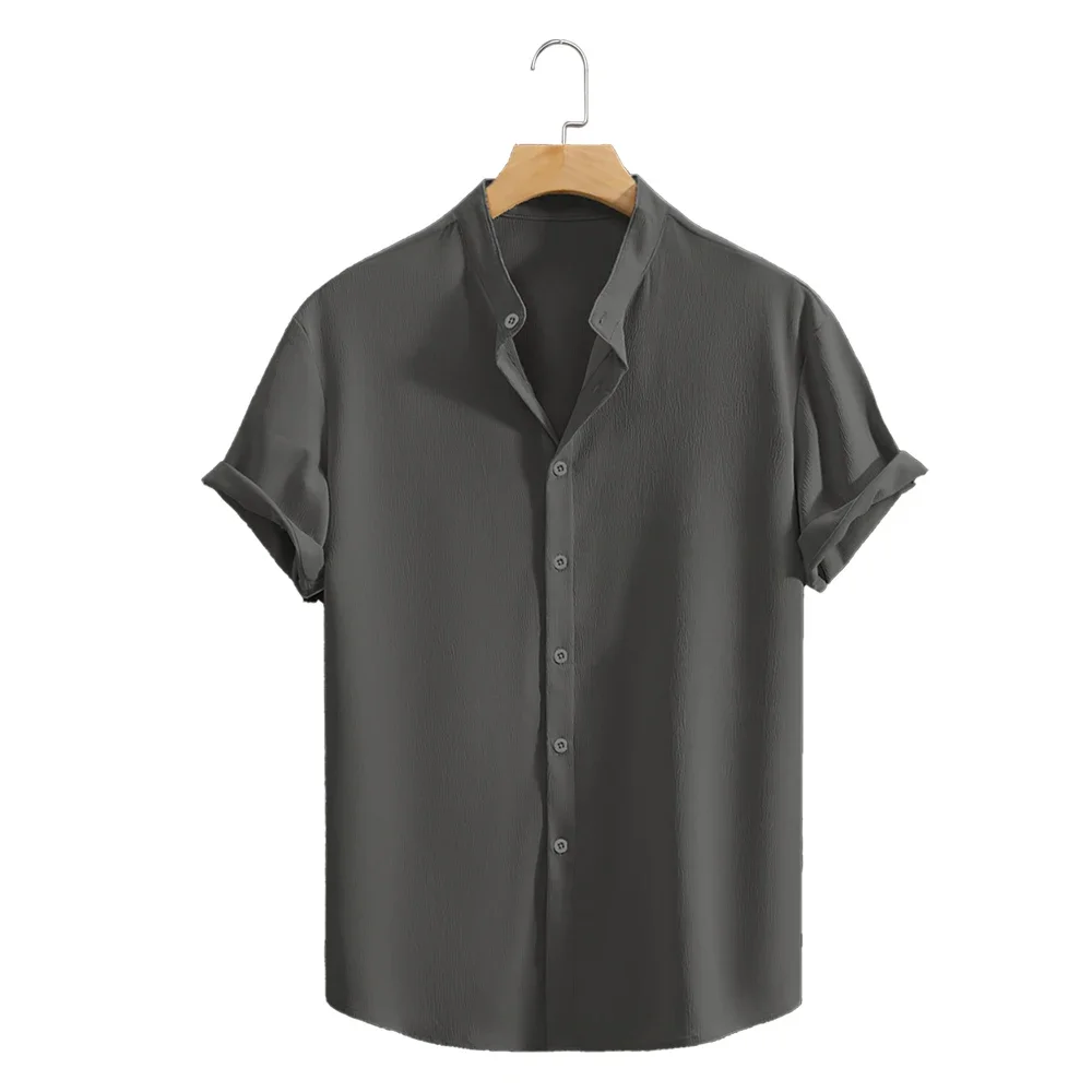 Youth Casual Beach Short Sleeve Shirts Solid Color Loose Casual Breathable Shirt Lightweight Streetwear Male Button Tops