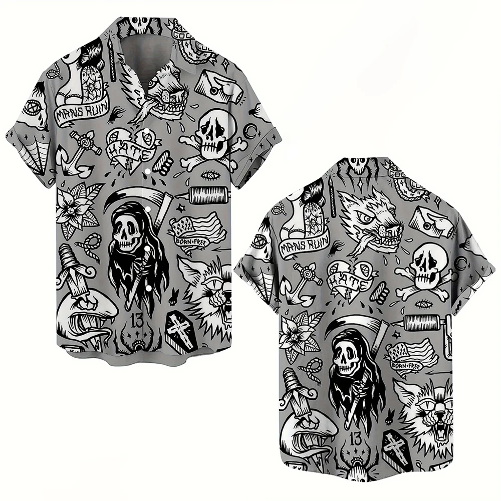 Skull 3D Printed Men's Hawaiian Shirt Street Gothic Style Trendy Vintage Lapel Tops Summer Y2K Casual Short Sleeve Beach Shirt