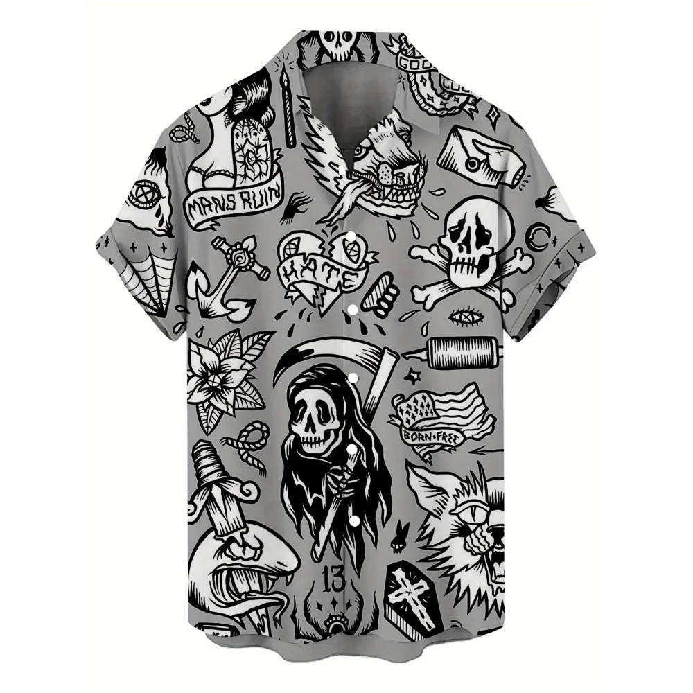 Skull 3D Printed Men's Hawaiian Shirt Street Gothic Style Trendy Vintage Lapel Tops Summer Y2K Casual Short Sleeve Beach Shirt