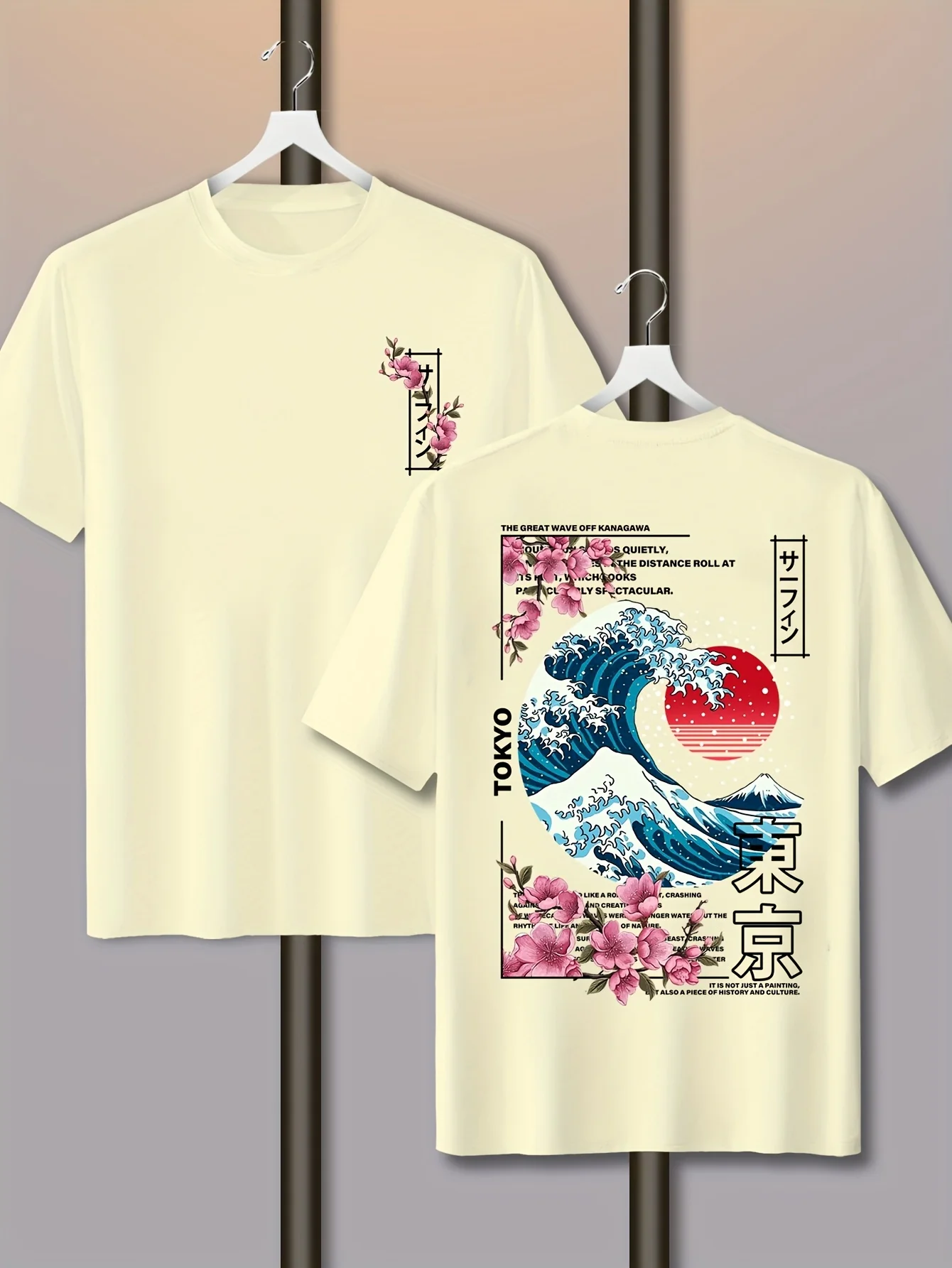 Men's Casual Tokyo Island Sunset Wave Print 100% Cotton T-shirt Short-sleeved Summer Breathable Street Trend Loose Comfortable
