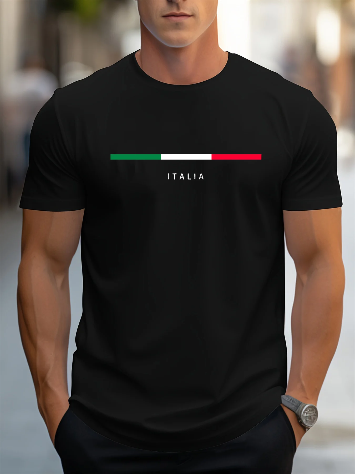 Men's Summer 100 Cotton Fashionable Casual Loose Plus Size ITALIA Pattern Printed Sports Round Neck Short Sleeved T-Shirt Top