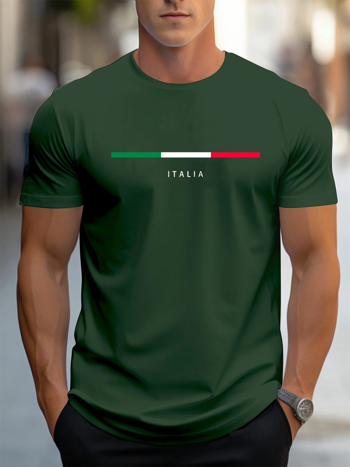 Men's Summer 100 Cotton Fashionable Casual Loose Plus Size ITALIA Pattern Printed Sports Round Neck Short Sleeved T-Shirt Top