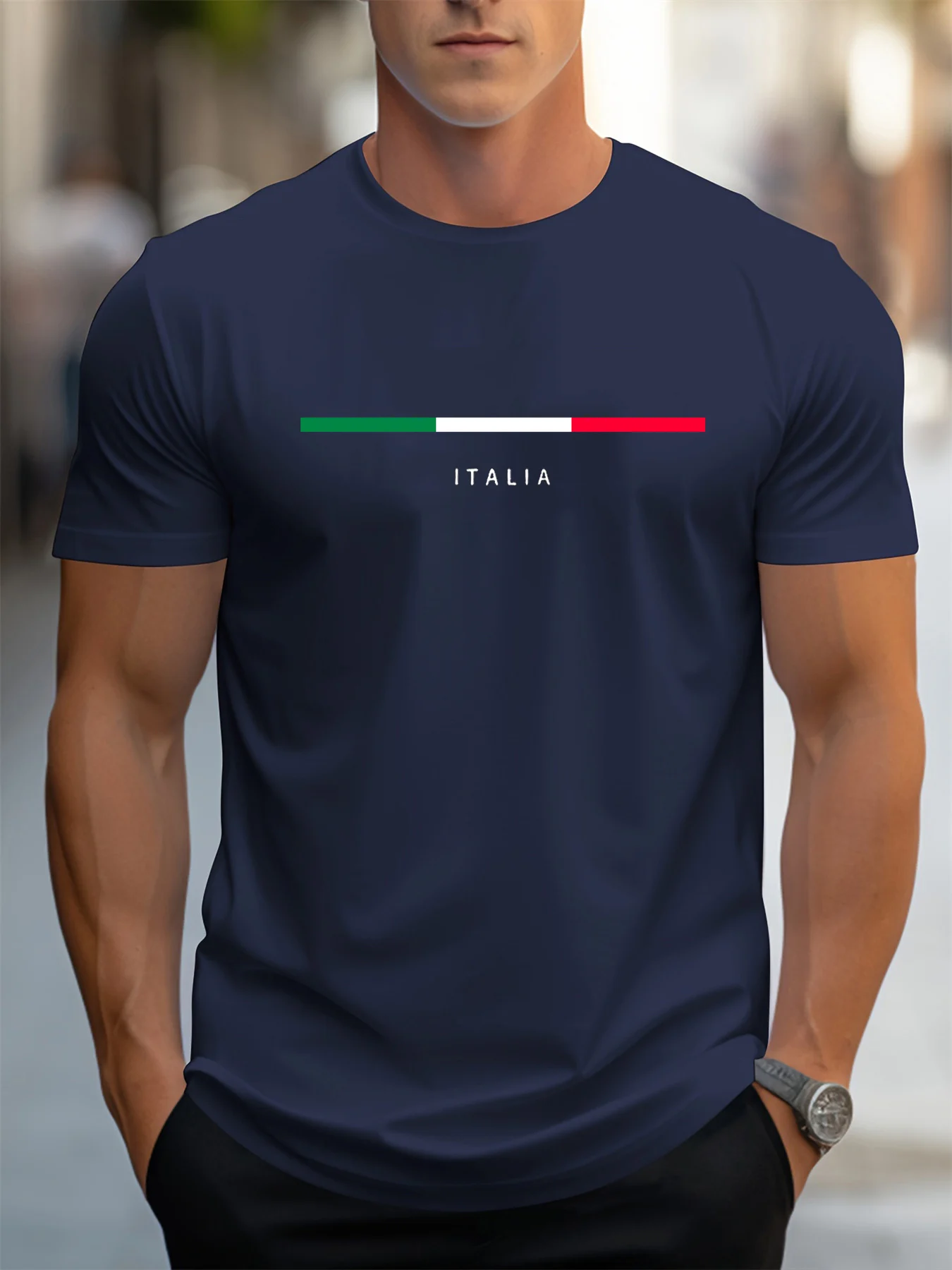 Men's Summer 100 Cotton Fashionable Casual Loose Plus Size ITALIA Pattern Printed Sports Round Neck Short Sleeved T-Shirt Top