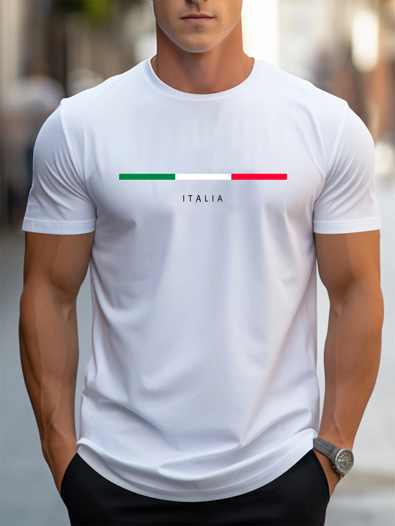 Men's Summer 100 Cotton Fashionable Casual Loose Plus Size ITALIA Pattern Printed Sports Round Neck Short Sleeved T-Shirt Top
