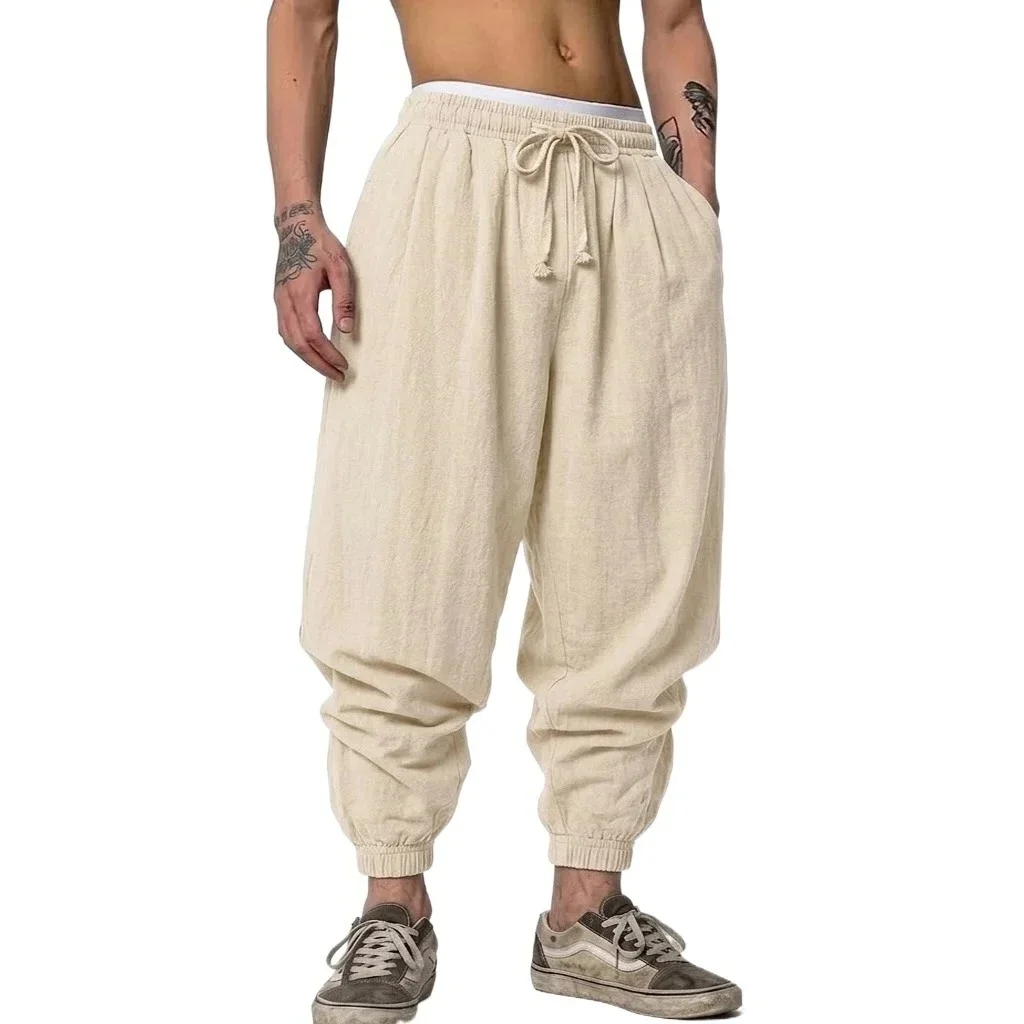 Mens Linen Blend Pants Drawstring Harem Style Loose Baggy Fit Trousers Multi use for Spring and Autumn Ideal for Yoga and Everyd