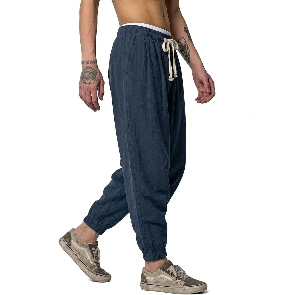 Mens Linen Blend Pants Drawstring Harem Style Loose Baggy Fit Trousers Multi use for Spring and Autumn Ideal for Yoga and Everyd