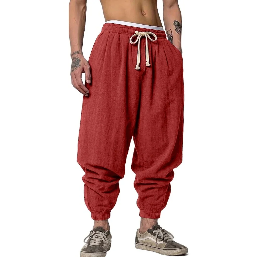 Mens Linen Blend Pants Drawstring Harem Style Loose Baggy Fit Trousers Multi use for Spring and Autumn Ideal for Yoga and Everyd