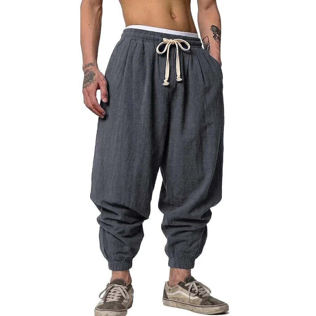 Mens Linen Blend Pants Drawstring Harem Style Loose Baggy Fit Trousers Multi use for Spring and Autumn Ideal for Yoga and Everyd