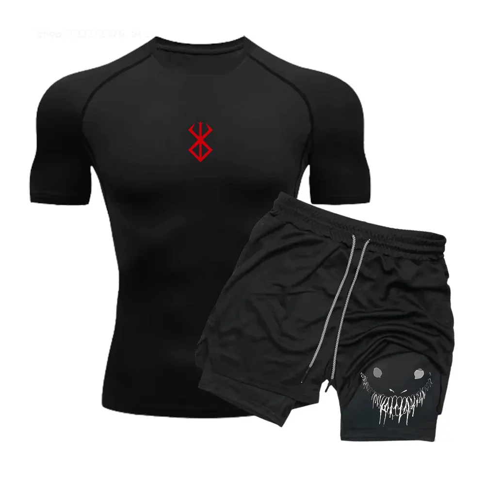Men Compression Athletic Fitness Wear - Quick-Dry Tight Short-Sleeve Anime Double-Layer Shorts Summer Set Fitness Running Set