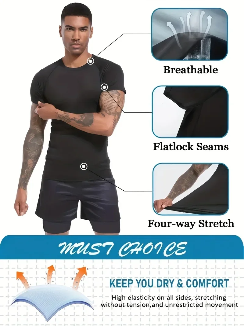 Men Compression Athletic Fitness Wear - Quick-Dry Tight Short-Sleeve Anime Double-Layer Shorts Summer Set Fitness Running Set