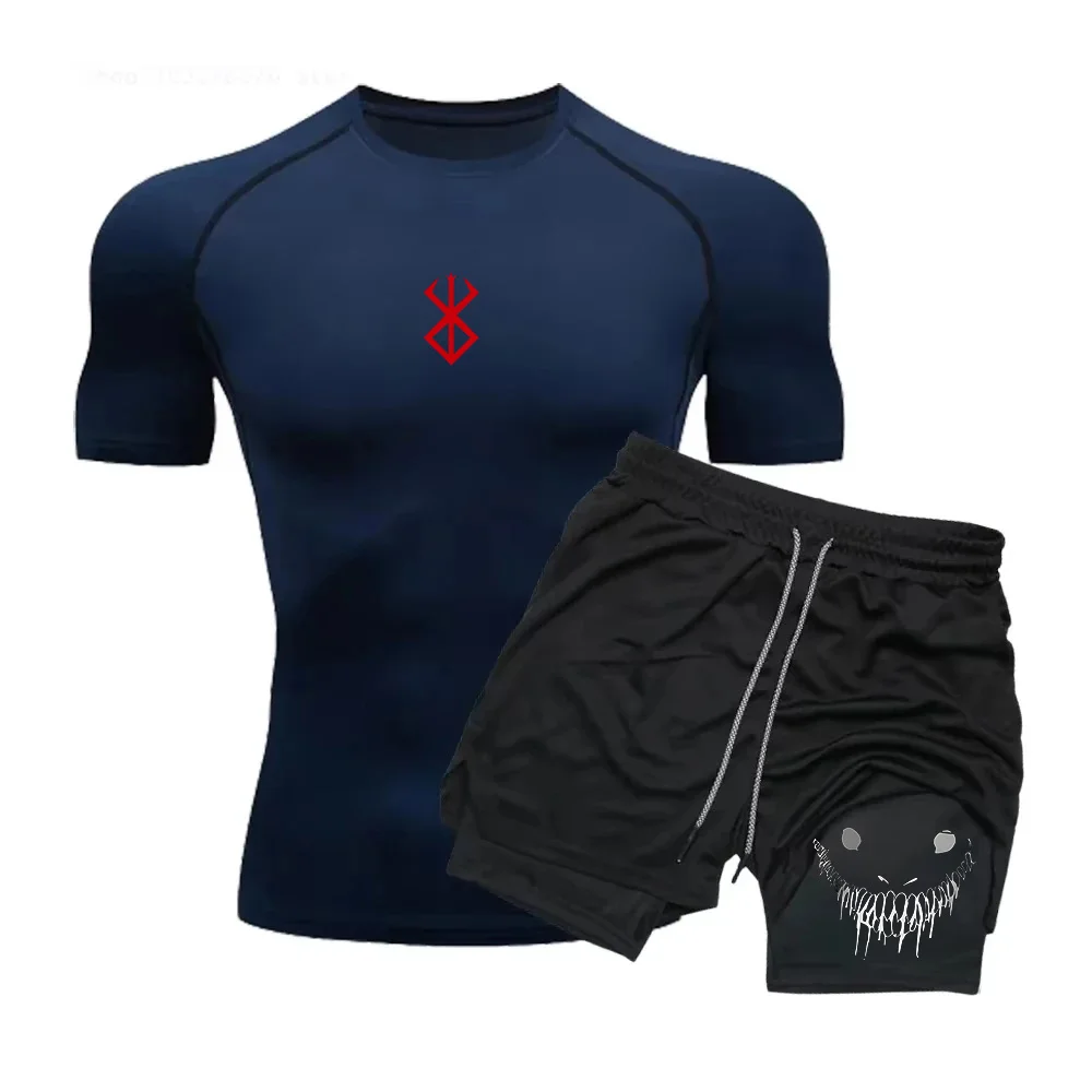 Men Compression Athletic Fitness Wear - Quick-Dry Tight Short-Sleeve Anime Double-Layer Shorts Summer Set Fitness Running Set
