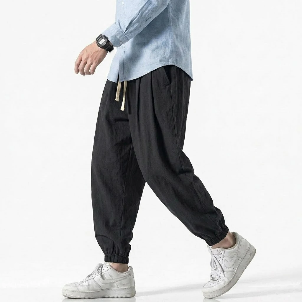 Korean Men Linen Pants Spring Loose Beach Holiday Cotton Casual Hiking Trousers Male Summer Baggy Pant Gym Man Work Streetwear