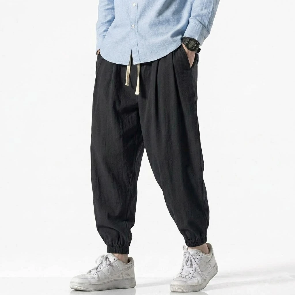 Korean Men Linen Pants Spring Loose Beach Holiday Cotton Casual Hiking Trousers Male Summer Baggy Pant Gym Man Work Streetwear