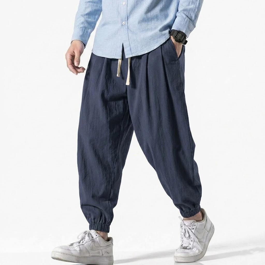 Korean Men Linen Pants Spring Loose Beach Holiday Cotton Casual Hiking Trousers Male Summer Baggy Pant Gym Man Work Streetwear